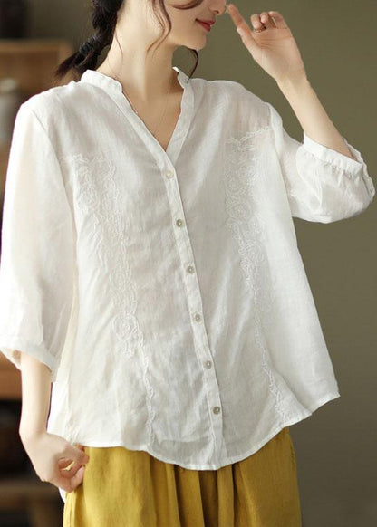 French Khaki Embroideried V Neck Ramie Blouse Top Summer - SooLinen