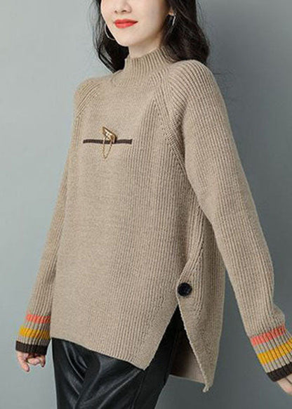 French Khaki High Neck Dicker Woll-Kurzpullover Winter