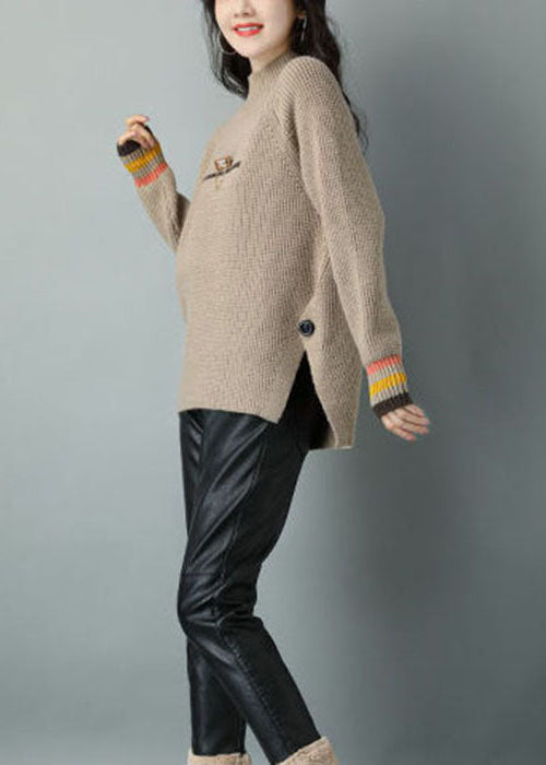 French Khaki High Neck Dicker Woll-Kurzpullover Winter