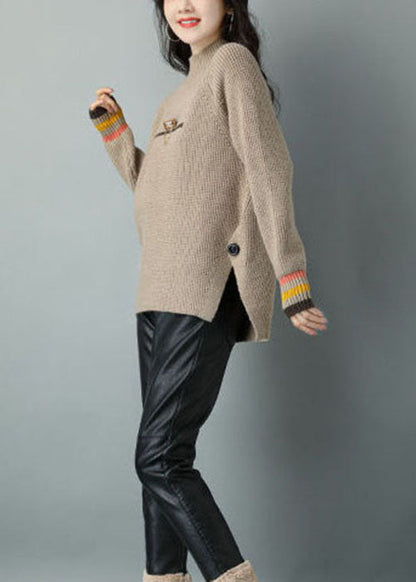 French Khaki High Neck Dicker Woll-Kurzpullover Winter