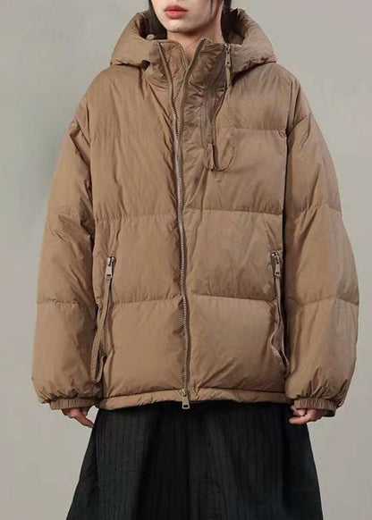 Französisch Khaki Kapuzentaschen Dicke Entendaunen Pufferjacke Winter