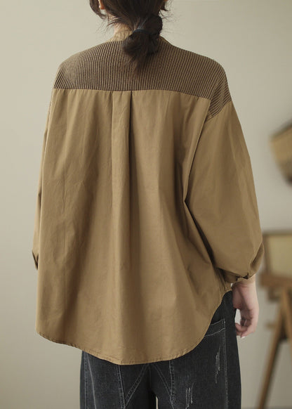 Französisches Khaki-Strick-Patchwork-Baumwollhemd Frühling
