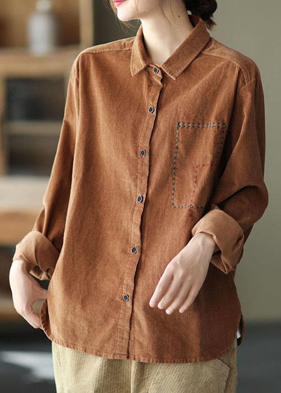 French Khaki Loose Embroideried Patchwork Fall Top Long Sleeve - SooLinen