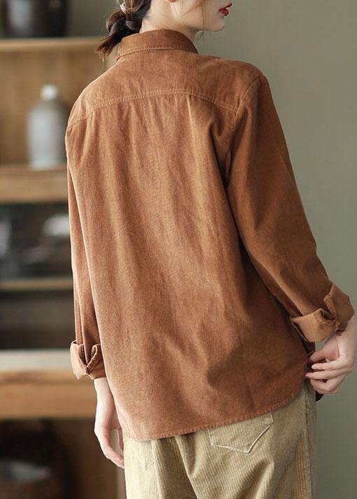 French Khaki Loose Embroideried Patchwork Fall Top Long Sleeve - SooLinen