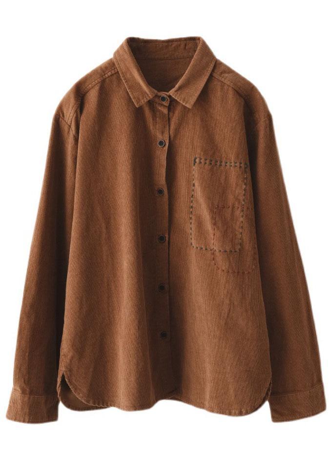 French Khaki Loose Embroideried Patchwork Fall Top Long Sleeve - SooLinen