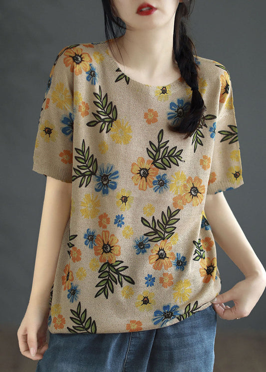 Camiseta de algodón con cuello redondo y estampado de patchwork de color caqui francés para verano