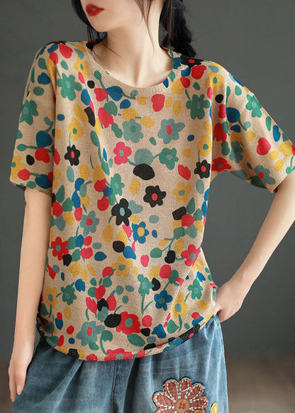 Camiseta de algodón con cuello redondo y estampado de patchwork de color caqui francés para verano