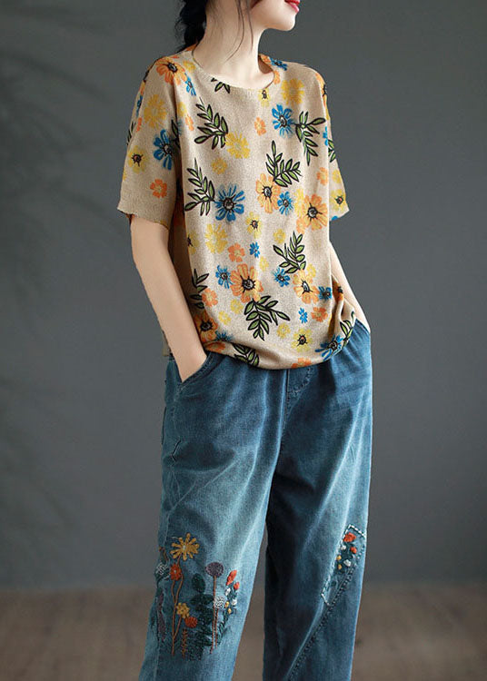 Camiseta de algodón con cuello redondo y estampado de patchwork de color caqui francés para verano