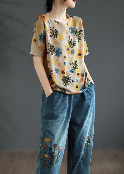 Camiseta de algodón con cuello redondo y estampado de patchwork de color caqui francés para verano