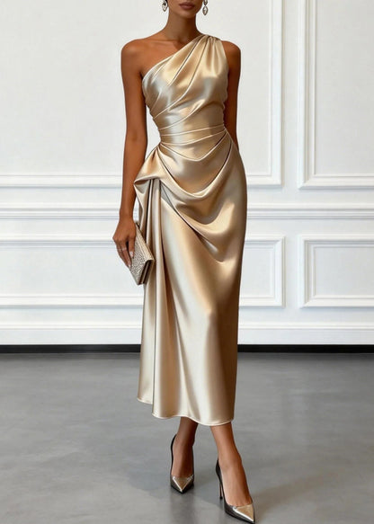 French Khaki One Shoulder Wrinkled Silk Dresses Summer