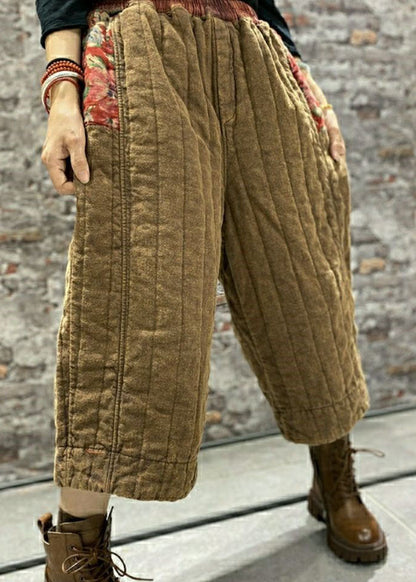 Französische Khaki Patchwork Feine Baumwolle gefüllte Hose Winter