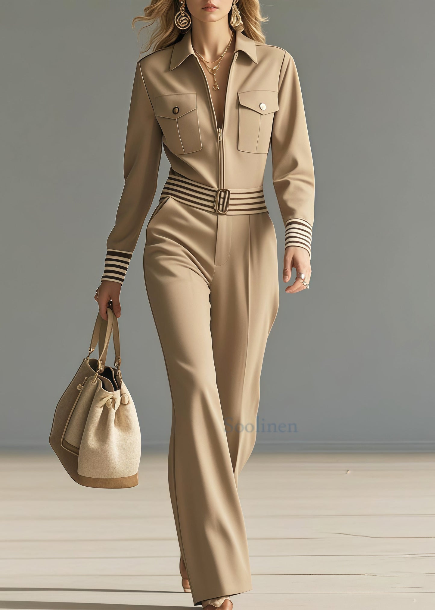 French Khaki Peter Pan Collar Pockets Spandex Overalls Jumpsuit Spring