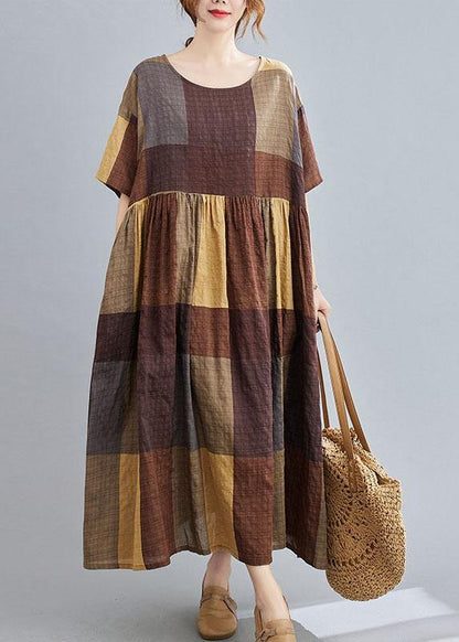 French Khaki Plaid Patchwork Summer Casual Half Sleeve Holiday Dress - SooLinen