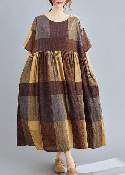 French Khaki Plaid Patchwork Summer Casual Half Sleeve Holiday Dress - SooLinen