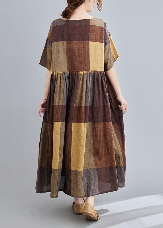 French Khaki Plaid Patchwork Summer Casual Half Sleeve Holiday Dress - SooLinen