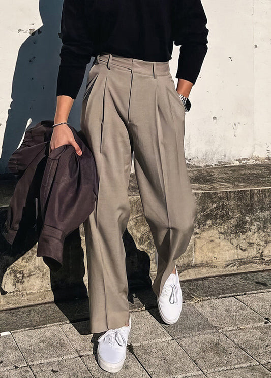 French Khaki Pockets High Waist Solid Spandex Mens Pants Fall