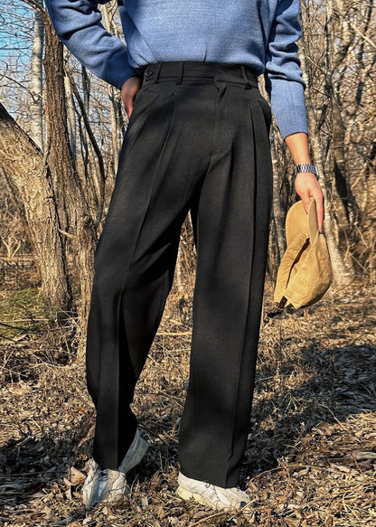French Khaki Pockets High Waist Solid Spandex Mens Pants Fall