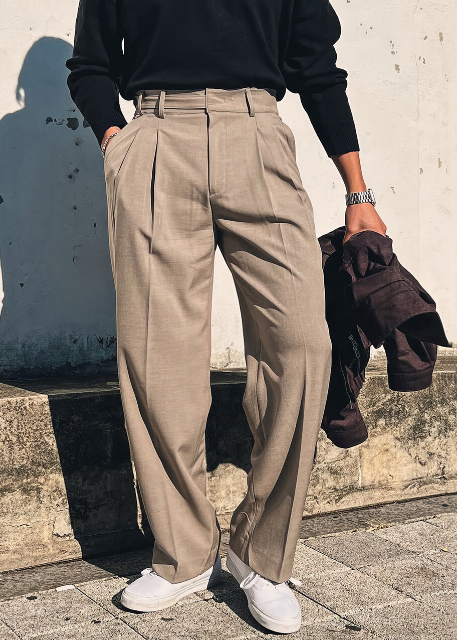 French Khaki Pockets High Waist Solid Spandex Mens Pants Fall
