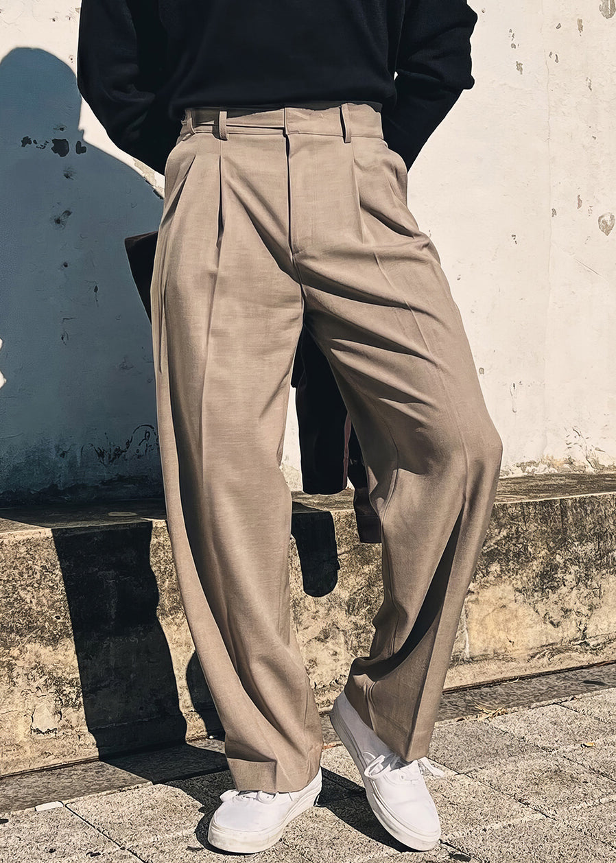 French Khaki Pockets High Waist Solid Spandex Mens Pants Fall