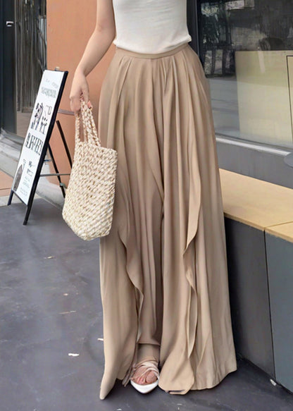 Französische Khaki Rüschen-Patchwork-Baumwollhose mit weitem Bein für den Sommer