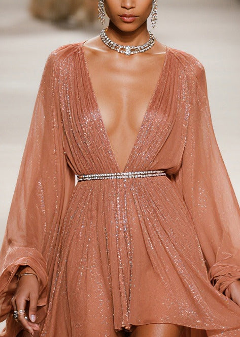 French Khaki Sequins Exra Large Hem Tulle Dress Cardigans Summer