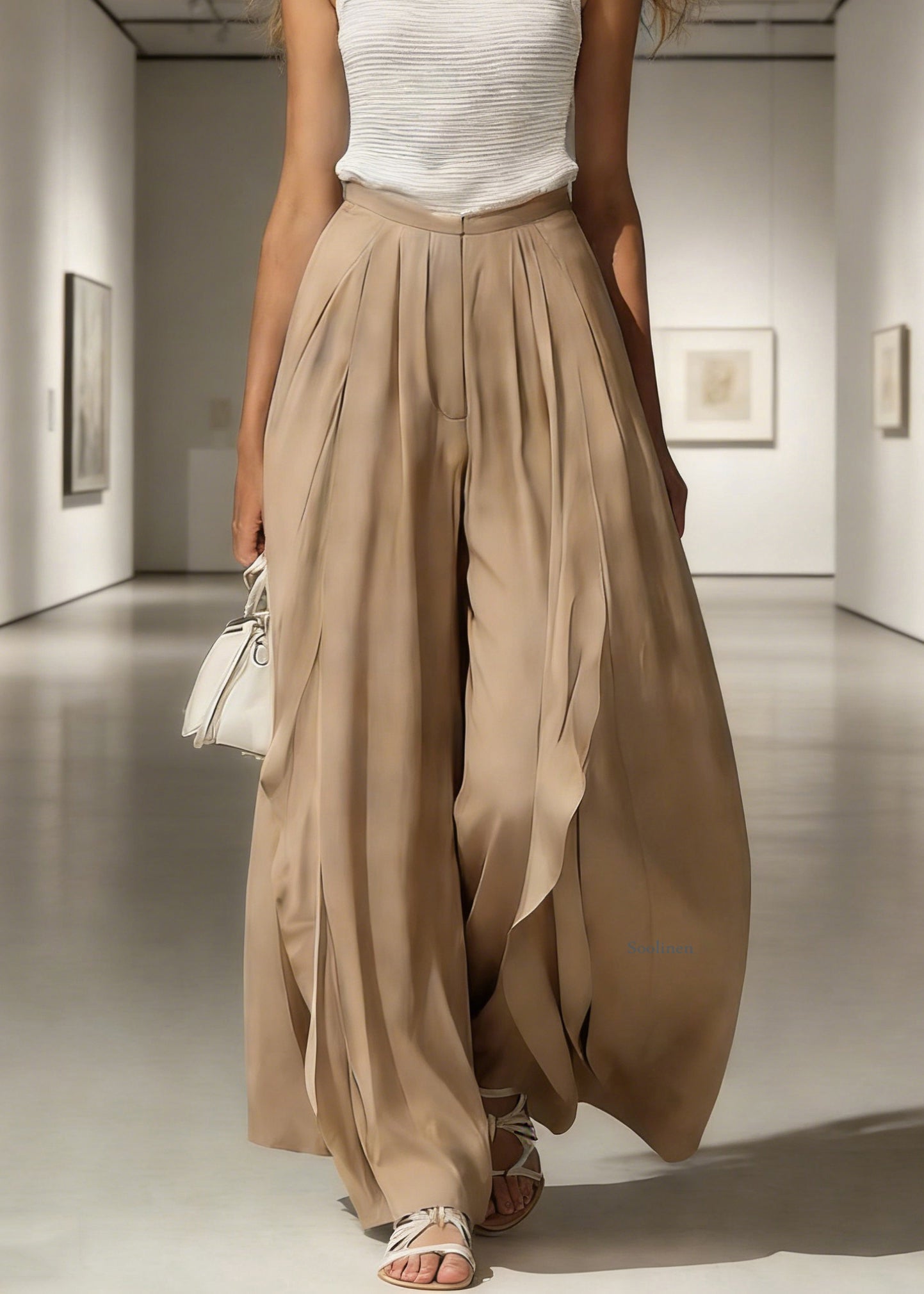 French Khaki Side Open High Waist Cotton Wide Leg Pants Summer