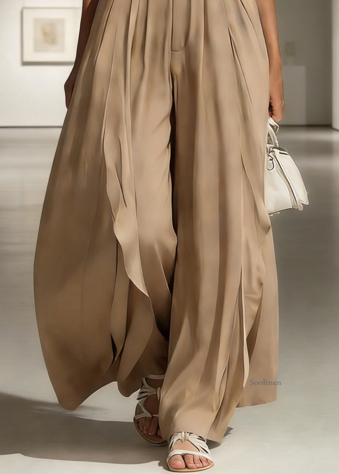 French Khaki Side Open High Waist Cotton Wide Leg Pants Summer