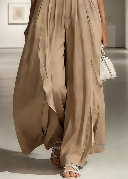French Khaki Side Open High Waist Cotton Wide Leg Pants Summer