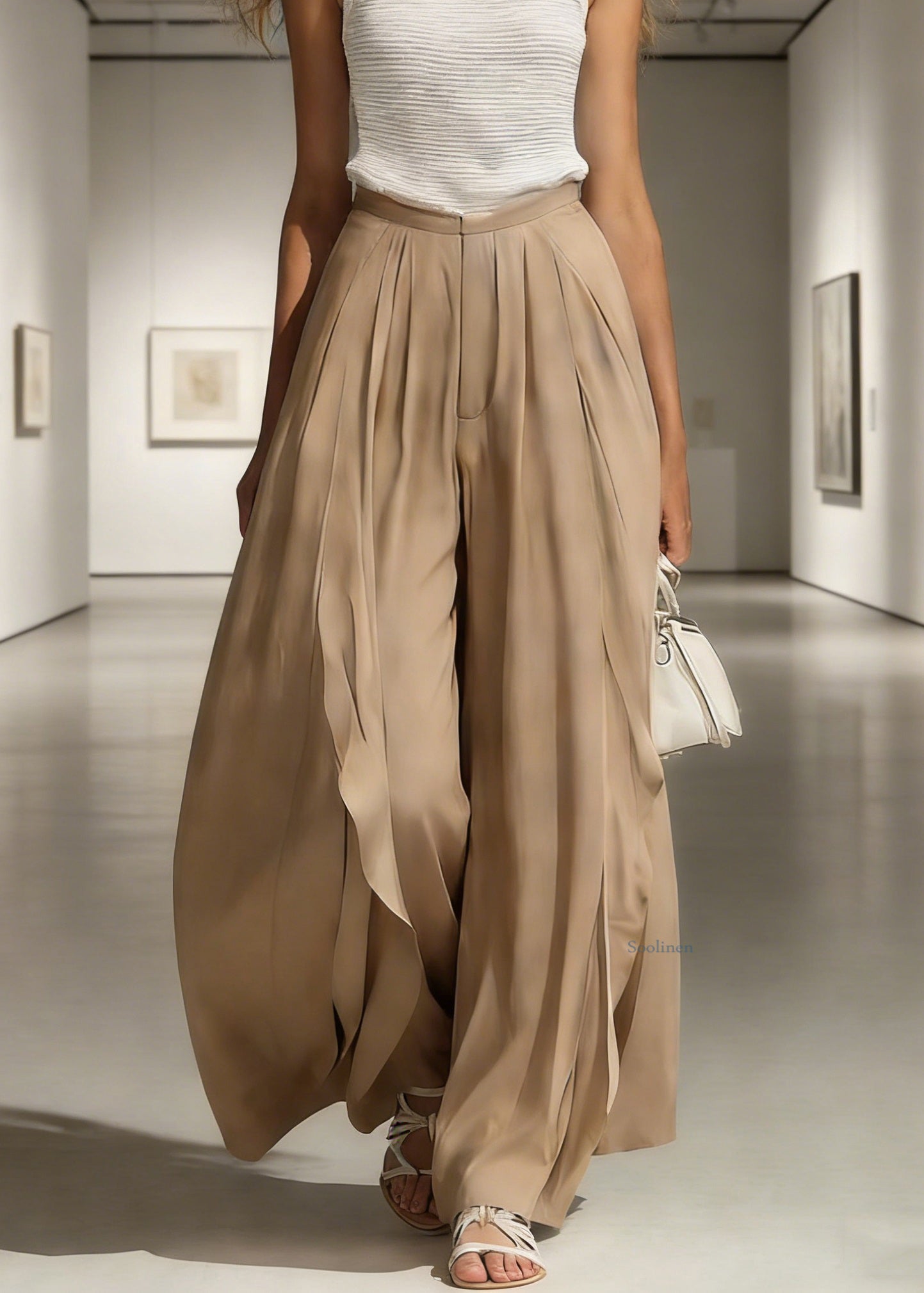 French Khaki Side Open High Waist Cotton Wide Leg Pants Summer