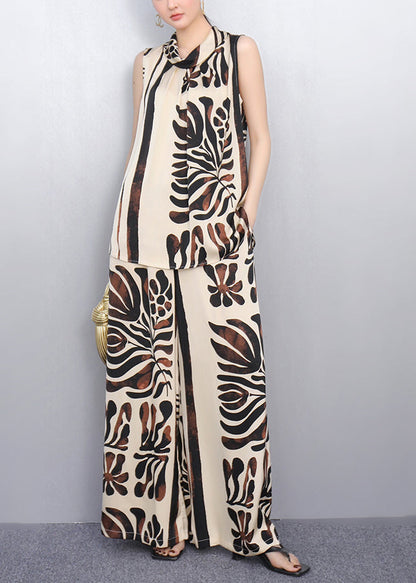 French Khaki Stand Collar Print Chiffon Two Pieces Set Sleeveless