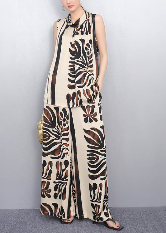 French Khaki Stand Collar Print Chiffon Two Pieces Set Sleeveless