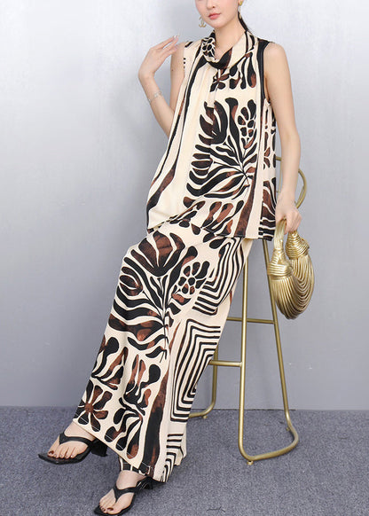 French Khaki Stand Collar Print Chiffon Two Pieces Set Sleeveless