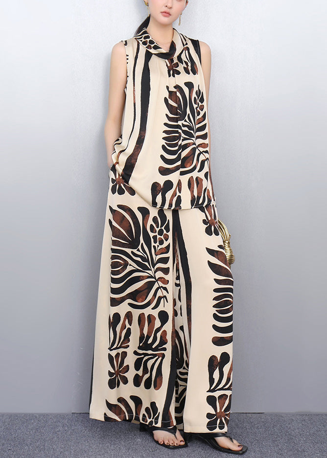 French Khaki Stand Collar Print Chiffon Two Pieces Set Sleeveless