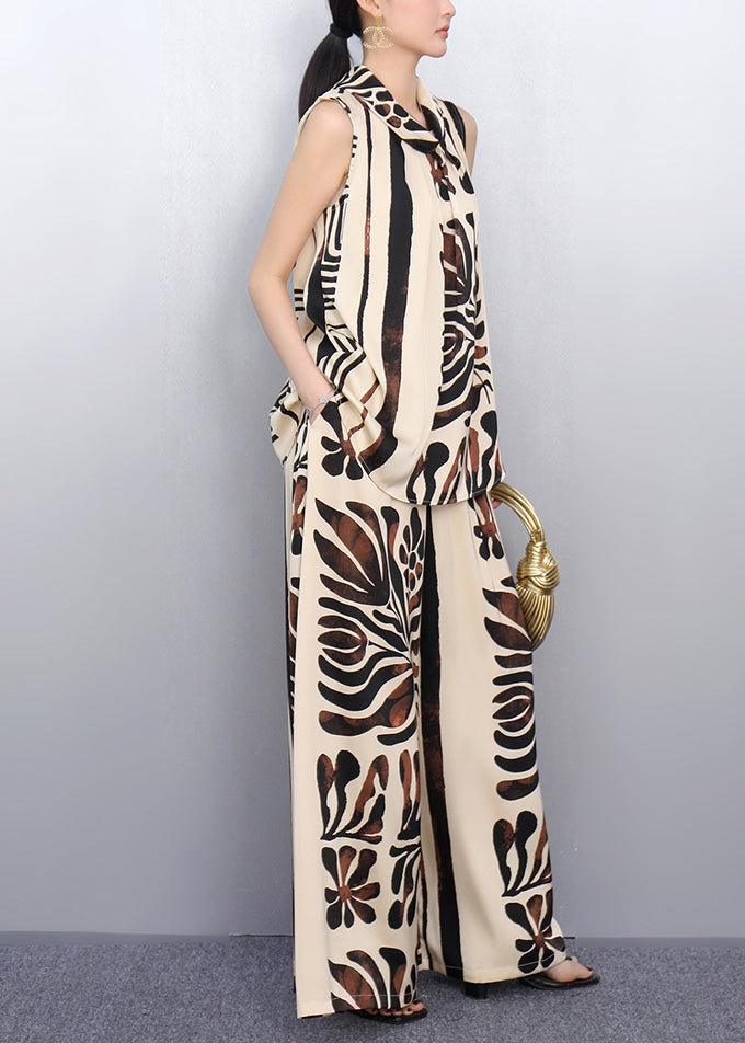 French Khaki Stand Collar Print Chiffon Two Pieces Set Sleeveless