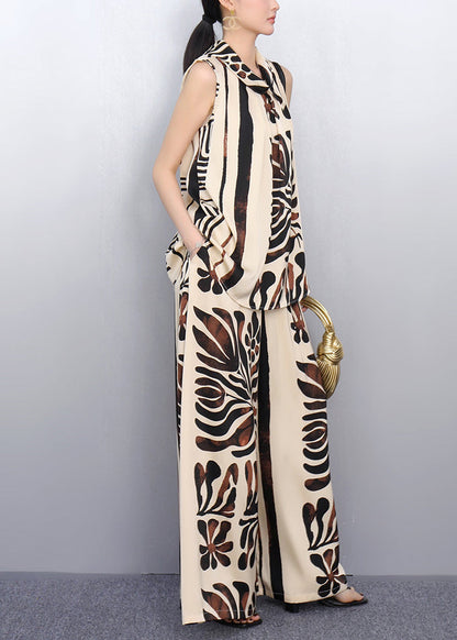 French Khaki Stand Collar Print Chiffon Two Pieces Set Sleeveless