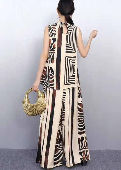 French Khaki Stand Collar Print Chiffon Two Pieces Set Sleeveless