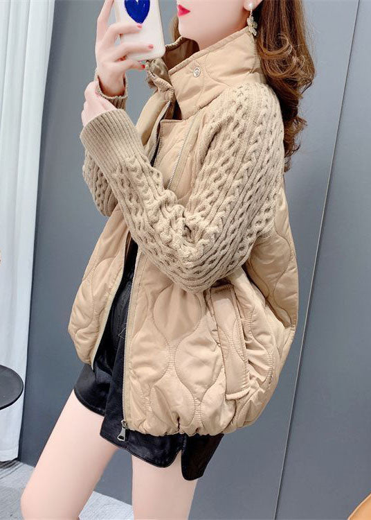 Französisch Khaki Stehkragen Zip Up Strick Patchwork Feine Baumwolle Gefüllt Mantel Winter