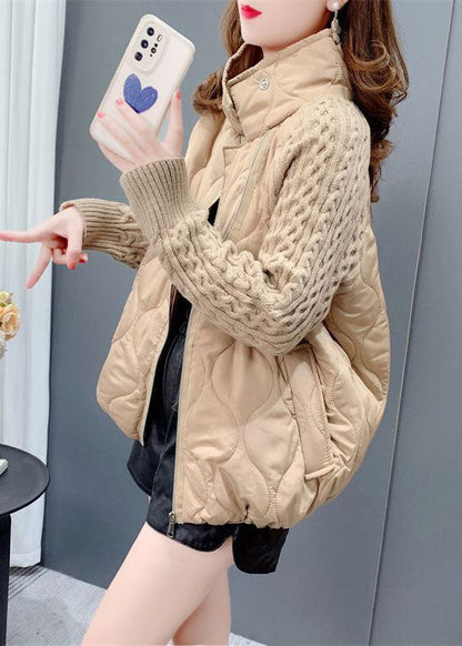 Französisch Khaki Stehkragen Zip Up Strick Patchwork Feine Baumwolle Gefüllt Mantel Winter