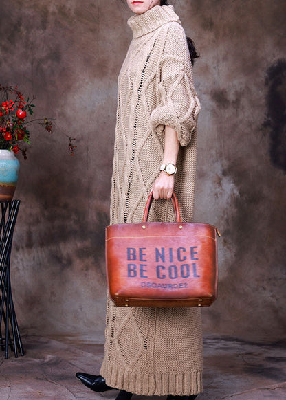 Französisches Khaki Rollkragen-Strickpulloverkleid mit Hohlsaum