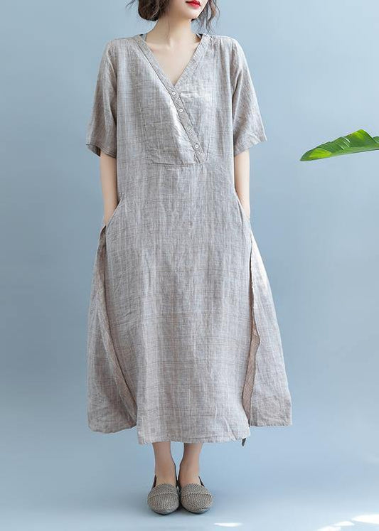 French Khaki linen Dress V Neck  Robe Summer  Dresses - SooLinen