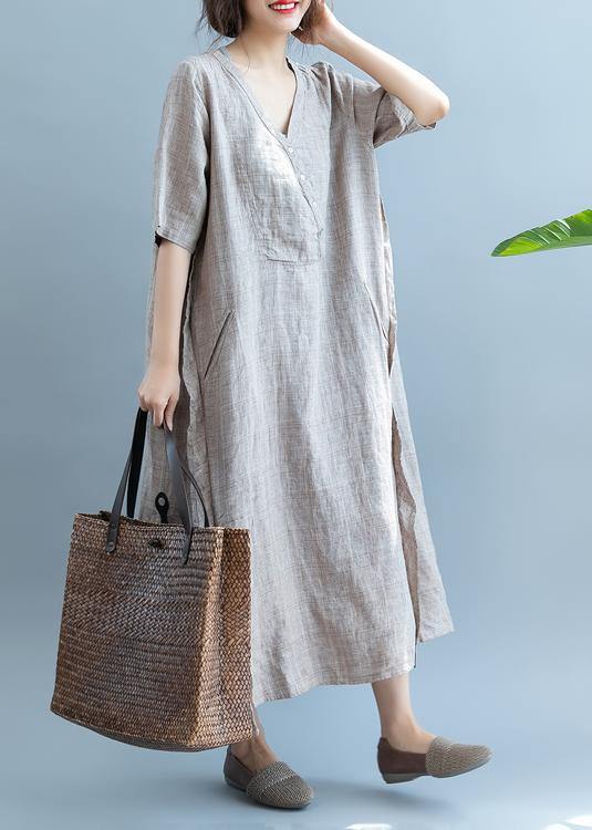 French Khaki linen Dress V Neck  Robe Summer  Dresses - SooLinen