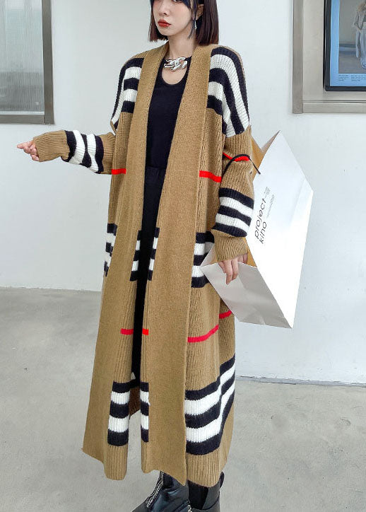 Französischer Khaki Retro Gestreifter Lockerer Herbst Strickpullover Mantel