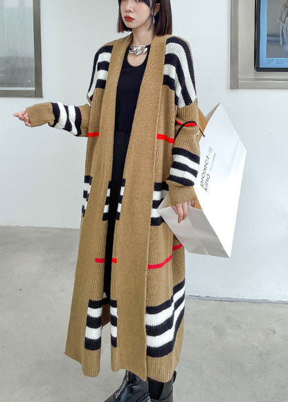 Französischer Khaki Retro Gestreifter Lockerer Herbst Strickpullover Mantel