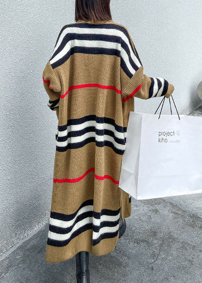 Französischer Khaki Retro Gestreifter Lockerer Herbst Strickpullover Mantel