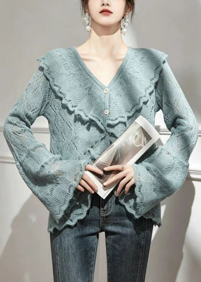 French Lake Blue V Neck Ruffled Knit Cardigan Flare Sleeve
