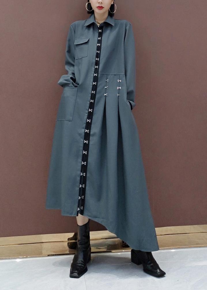 French Lapel Asymmetric Spring Tunic Design Gray Dress - SooLinen