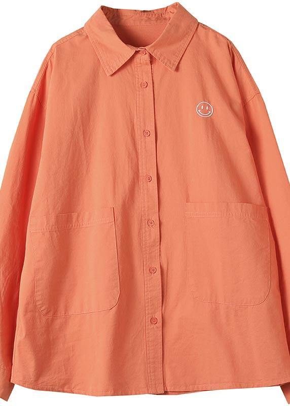 French Lapel Pockets Spring Clothes For Women Photography Orange Smiling Face Shirts - SooLinen