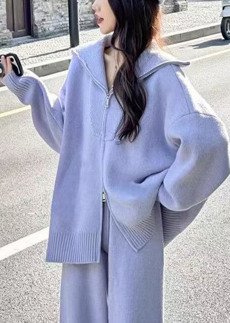 French Lavender Zip Up Cozy Knit Two Pieces Set Winter