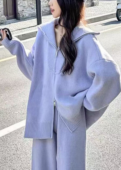 French Lavender Zip Up Cozy Knit Two Pieces Set Winter