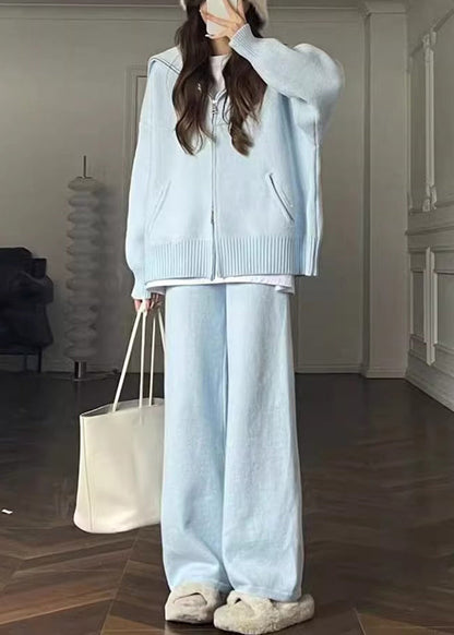 French Lavender Zip Up Cozy Knit Two Pieces Set Winter